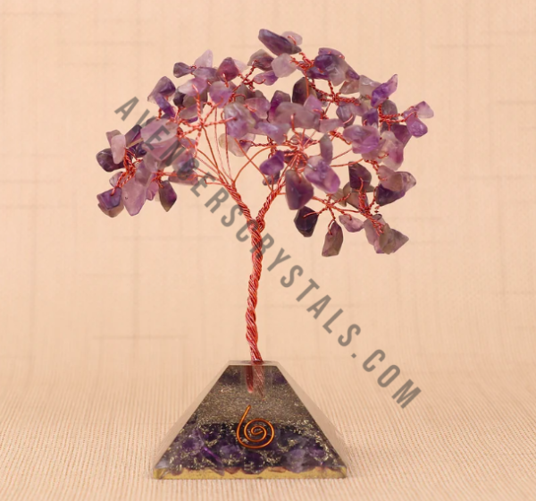 Wholesale Amethyst Stones Chips Tree With Orgonite Pyramid Base