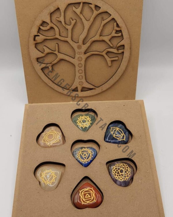 Heart Shape Seven Chakra Set with Tree of Life Wooden Box