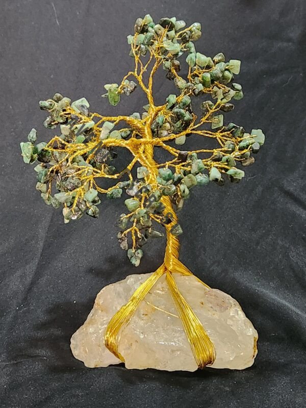 Green Emerald Gemstone Chips Tree With Clear Quartz Stone Base