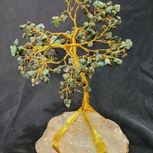 Green Emerald Gemstone Chips Tree With Clear Quartz Stone Base