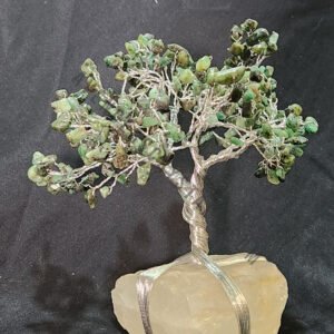 Green Emerald Gemstone Chips Tree With Clear Quartz Quartz Stone Base Silver Wire Wrapped