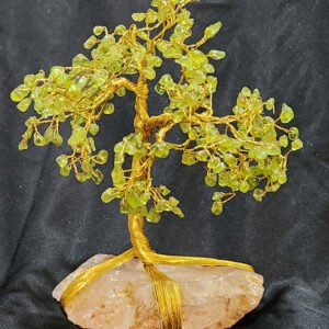 Peridot Gemstone Chips Tree With Clear Quartz Base Stone