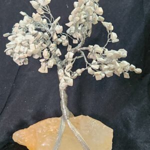 White Hawlite Gemstone Chips Tree With Clear Quartz Stone Base Silver Wire Wrapped