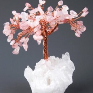 Rose Quartz Gemstone Chips Tree with Agate Slice Coaster Base