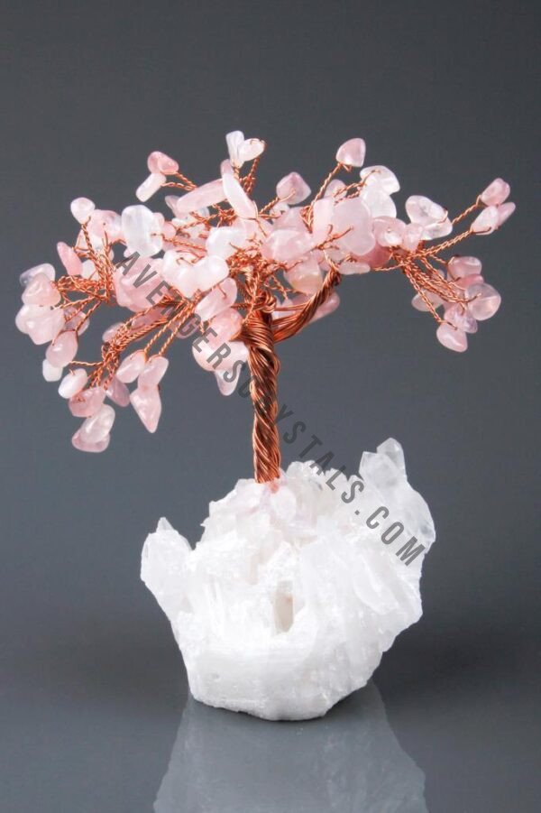 Rose Quartz Gemstone Chips Tree with Agate Slice Coaster Base