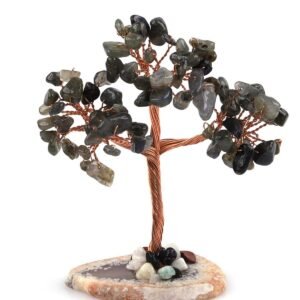 Labradorite Gemstone Chips Cros Shape Tree With Agate Slice Coaster Base