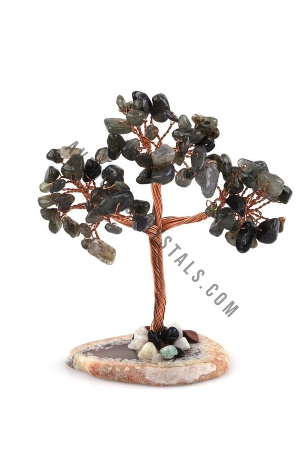 Labradorite Gemstone Chips Cros Shape Tree With Agate Slice Coaster Base