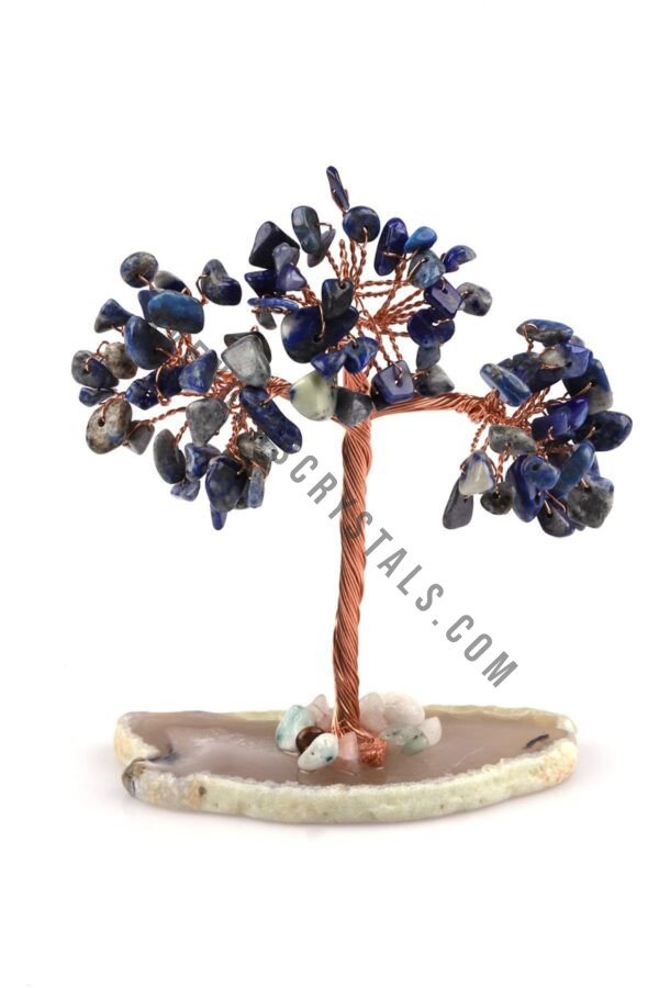 Lapis Lazuli Gemstone Chips Cros Shape Tree With Agate Slice Coaster Base